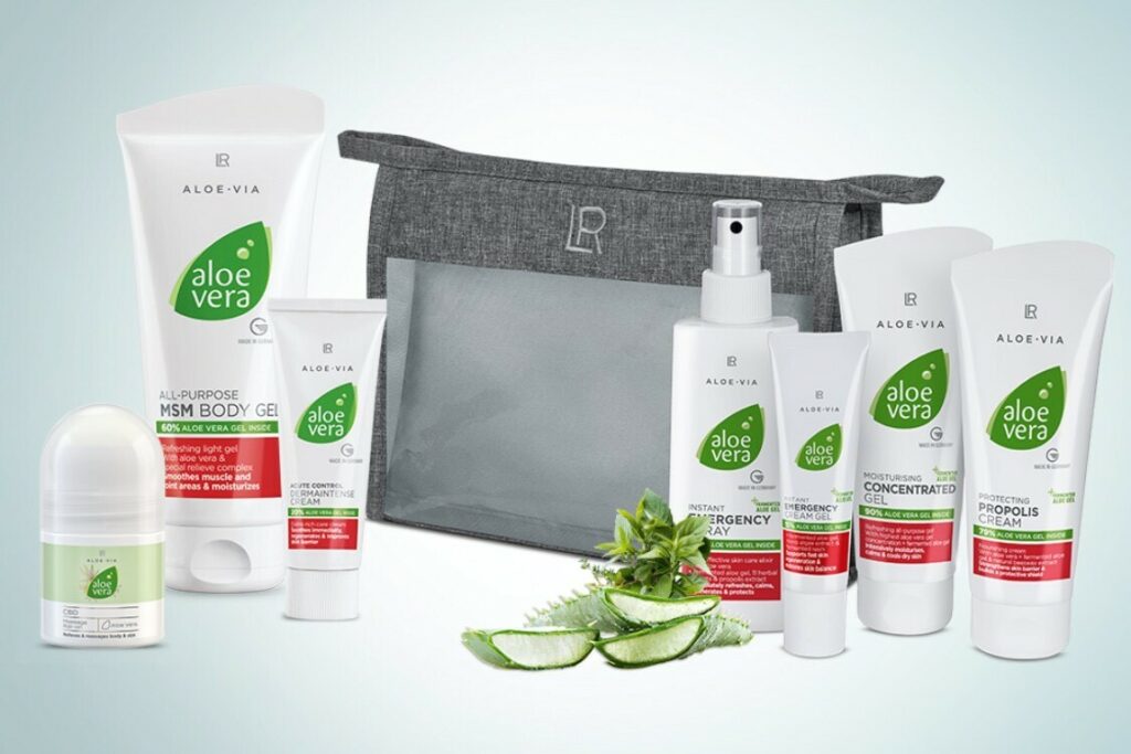 Gamme aloe vera cosmetiques-aloe-vera Auch, trousse et soins naturels sur fond frais avec feuilles d’aloe,