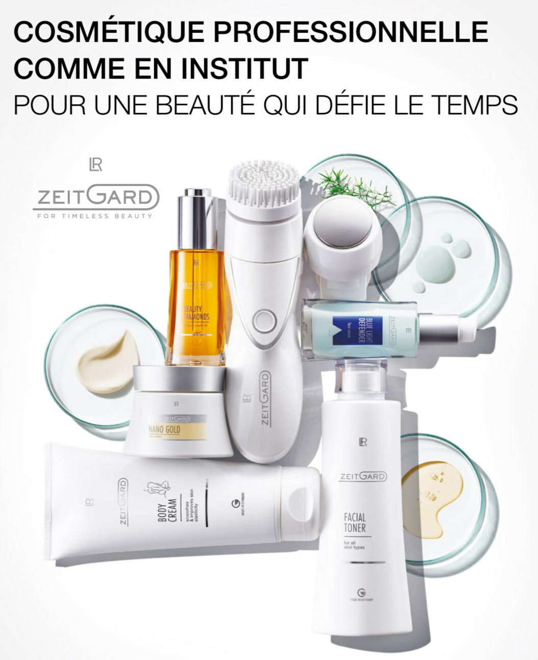 soins visage et corps ZEITGARD chez cosmetiques-aloe-vera à Auch, appareils et crèmes sur fond blanc lumineux,
